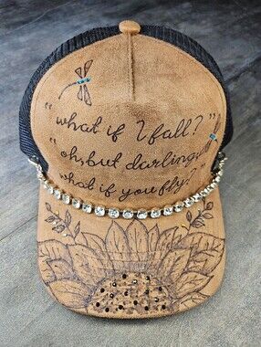 NEW Custom Tan Suede Trucker Hat With Rhinestones And Hat Band